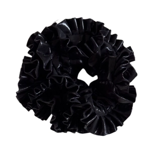 Metallic silver grey oversized pleated scrunchie with a glossy finish for hairstyles