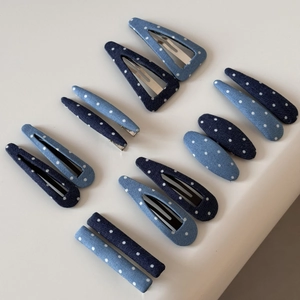 Lot de barrettes en denim bleu à pois, comprenant des clips géométriques et en goutte