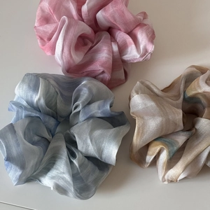 Set of three large organza gradient hair scrunchies in pink, blue, and brown shades