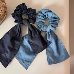 Scrunchie in Denim con Fiocco e Nastro Elastici Grandi per Capelli Donna Stile Coreano Blu Scuro Chiaro Accessori Capelli