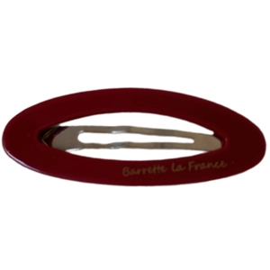 Red acetate oval hair clip with silver metal clasp and gold Barrette La France text