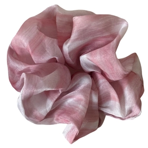 Pink and white gradient silk scrunchie with large elegant folds for women's hairstyles