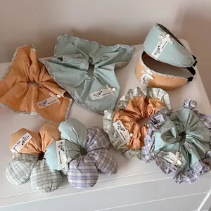 Korean Style Sweet Plaid Patchwork Scrunchie Headband Cloth Bow Faux Artificial Pearl Decorative Hair Tie Women Daily Hair Accessories