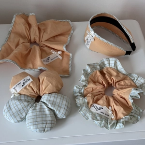 Sweet apricot plaid scrunchie and headband set with lace and pearl accents