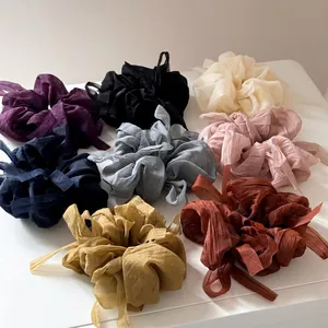Women Large Chiffon Pleated Scrunchie With Bow Knot Balletcore Style Solid Color Elegant Fabric Hair Tie Accessories
