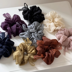 Set of 8 large puff chiffon hair scrunchies with elegant ribbons in various soft colors