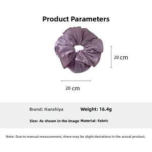 Detailed specifications of purple fabric oversized scrunchie showing 20cm size and 16.4g weight