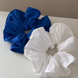 Oversized ruffled scrunchies set in Klein blue and pure white soft fabric for hair
