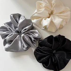 Vintage Rose Embossed Satin Scrunchie Elegant Large Hair Tie Floral Pattern Soft Fabric Hair Band For Women Daily Styling