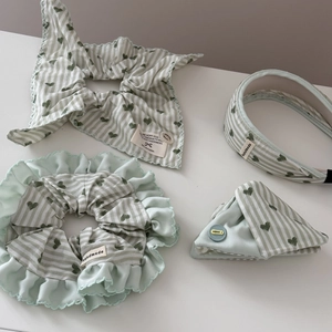 Blue and green striped scrunchie and headband set with heart print and lace trim