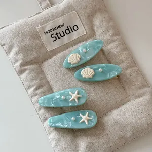 Ocean Style Sea Blue Acetate Hair Clip Shell Starfish Artificial Pearl Handmade Alloy Side Clip For Women Travel Beach Accessories