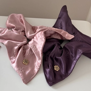 French retro rose jacquard satin scrunchies in lotus pink and deep purple colors