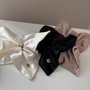 French retro rose jacquard satin hair scrunchies with elegant gold rose metal accents