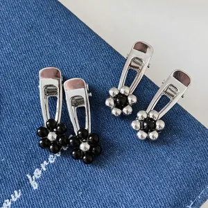 Silver Metal Flower Hair Clips For Women Alloy Artificial Pearl Bead Duckbill Hairpins Sweet Vintage Hair Accessories