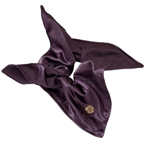 Elegant deep purple satin scrunchie with rose jacquard pattern and gold metal rose charm