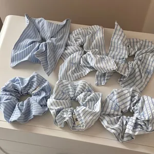 Fresh Blue Striped Checkered Embroidered Bowknot Scrunchie Large Fabric Hair Tie Pleated Hair Band For Women Mori Style Hair Accessories