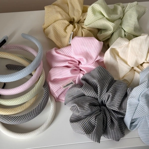 Pastel plaid fabric headband and scrunchie set in assorted fresh gingham patterns