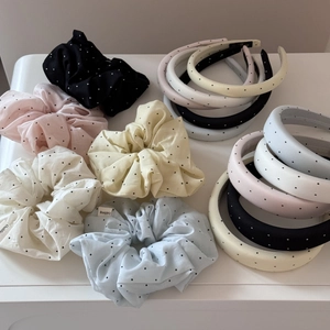 Polka dot hairband and scrunchie set in pastel colors for minimalist elegant daily styling