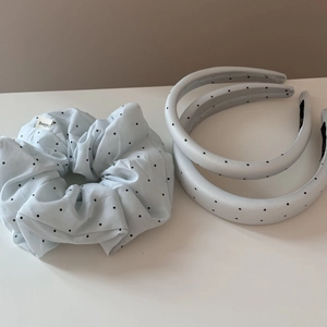 Detailed set of three polka dot hair accessories with a wide scrunchie and padded headbands
