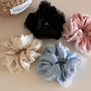 Women Elegant Satin Ruffled Scrunchies Elastic Hair Ties With Organza Edge Gentle Sweet Hair Accessories For Daily Dating