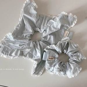 Light Blue Fabric Scrunchie With White Lace Trim Handmade Korean Style Sweet Elastic Hair Band For Women Girls Hair Accessory
