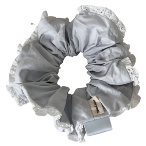 Sweet light blue fabric hair scrunchie with lace trim and hand made tag for women