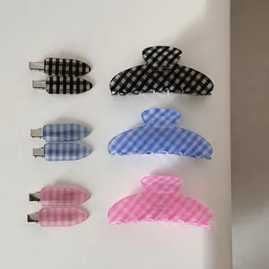 French Vintage Gingham Plaid Hair Claw Clips Large Acetate Bow Hairpin Duckbill Clips For Women Korean Fashion Hair Accessories