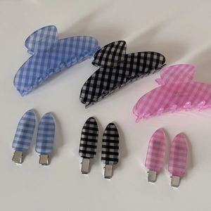 Classic Gingham hair claw set with blue black and pink French style barrettes