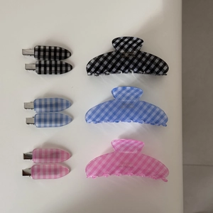 French vintage checkered hair claw clips set in black, blue and pink patterns