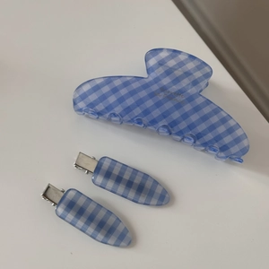 Blue and white checkered hair claw set with matching bobby pins and gold lettering