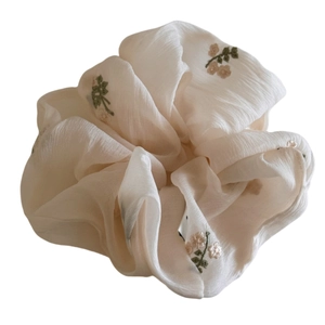 Chouchou élégant couleur abricot avec broderie florale en tissu doux pour femme