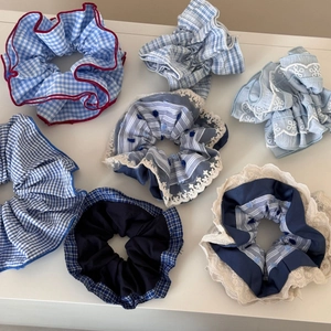 Blue set of assorted plaid and lace scrunchies for ponytails in fresh minimalist style