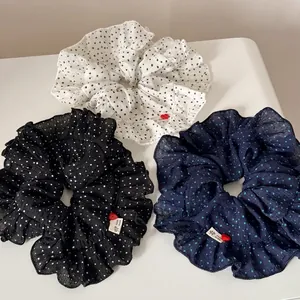 Polka dot chiffon oversized hair scrunchie set in black white and navy with heart pendant