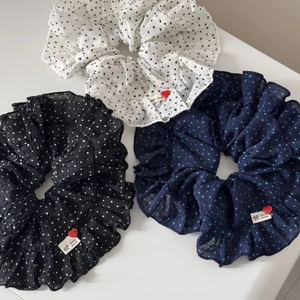 Polka dot ruffled scrunchie set in white, black and navy with heart charm and handmade label
