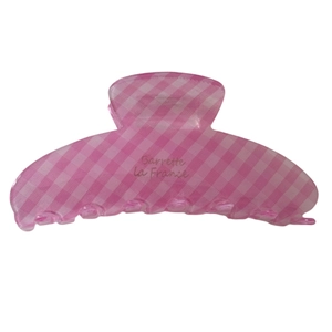 French vintage pink gingham hair claw clip with Barrette la France text on white background