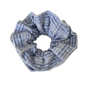 Blue plaid scrunchie with white lace trim detail for a minimalist hair accessory style