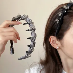 Luxurious Gauze Rhinestone Braided Headband For Women Twisted Padded Headband With Inner Teeth High Cranial Top Hair Hoop
