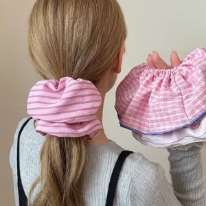 Sweet Pink Series Striped Plaid Fabric Hair Scrunchies Large Oversized Ponytail Holder Handmade Sweet Girl Hair Accessories