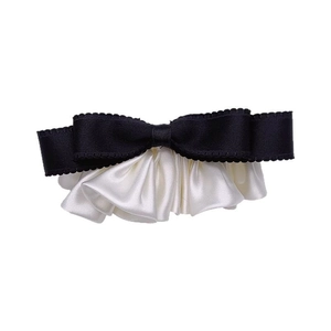 Elegant black ribbon bow hair clip with white pleated satin ruffled trim design