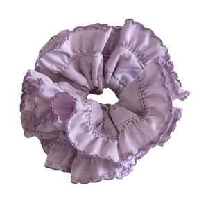 Elegant purple pleated scrunchie with silk texture and deep purple edge stitching