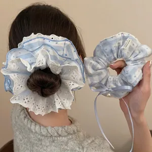 Elegant Light Blue Lace Mesh Bowknot Scrunchie With Artificial Pearl Pendant Floral Hollow Ruffled Hair Tie Sweet Hair Accessories Women