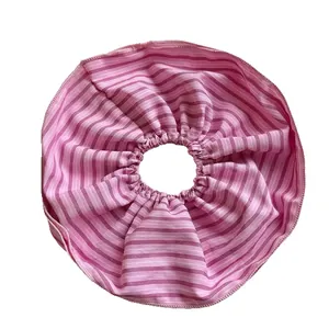 Sweet pink and white striped scrunchie with elastic double-layer cotton fabric for women