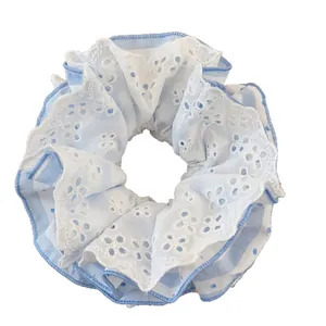 Elegant four-layer blue and white striped lace scrunchie with hollow ruffled floral pattern