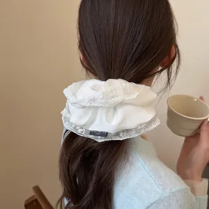 Elegant White Satin Lace Trim Scrunchie For Women Large Oversized Hair Tie Fashionable Korean Style Aesthetic Hair Accessory