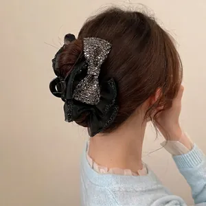 Elegante Pinza per Capelli con Fiocco in Rete e Strass Grande Forcina Nera con Paillettes Accessori per Capelli Stile Francese per Donna