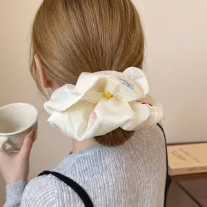Eleganter Off-White Netz-Haargummi Mit Bunter Schleifen-Stickerei Handgemachter Falten-Haargummi Ponytail-Halter Für Damen