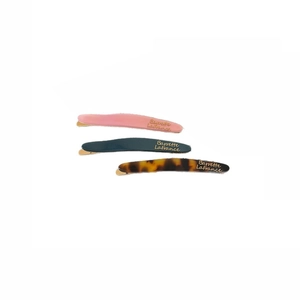 Barrettes en acétate rose, vert et écaille avec inscription dorée Barrette La France