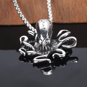 Collier Pendentif Poulpe en Acier Inoxydable pour Hommes Style Punk Gothique Vieilli Bijoux Animal Marin Sans Chaîne Option