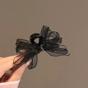 Elegant black organza bow hair claw clip with shimmering glitter and sparkling rhinestones