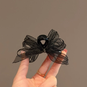 Elegant black organza bow hair claw clip with rhinestones for summer hairstyles